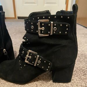 Rebecca Minkoff buckle suede booties.
